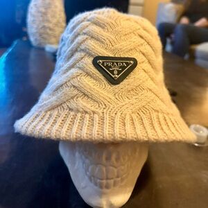 Prada Cream Knit Hat with Logo